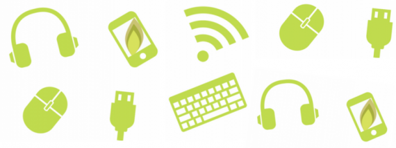 Illustrated Images of Technology Items including Wifi Symbols, Keyboards, Smartphones and Headphones.