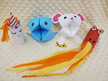 Paper tube unicorn, fortune teller folded shark and mouse, paper tube dragon.