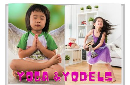 child doing yoga and playing guitar